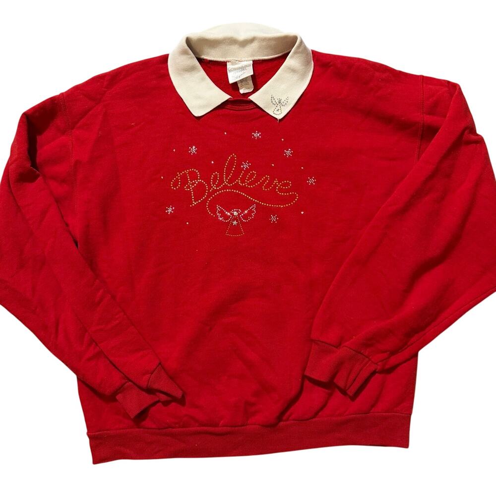 Vintage Cactus Bay Red/White Jeweled Christmas "Believe" Collared Sweatshirt- M